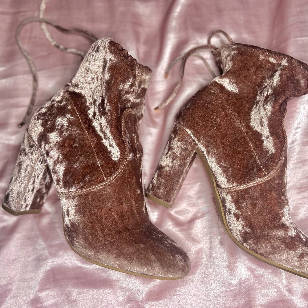 Velvet Pink Chunky Heel Booties - US 7.5
